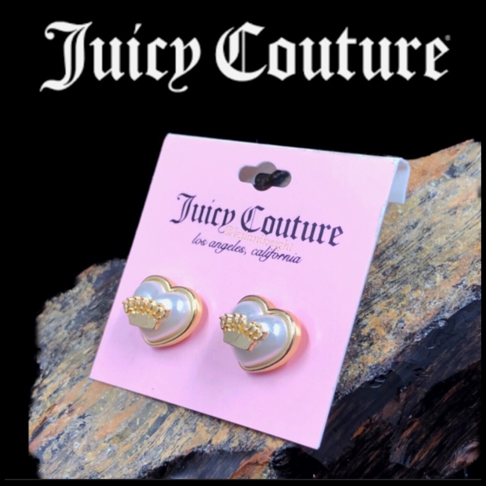 Juicy Couture Gold Tone Pearl Logo Crown Heart Earring Studs